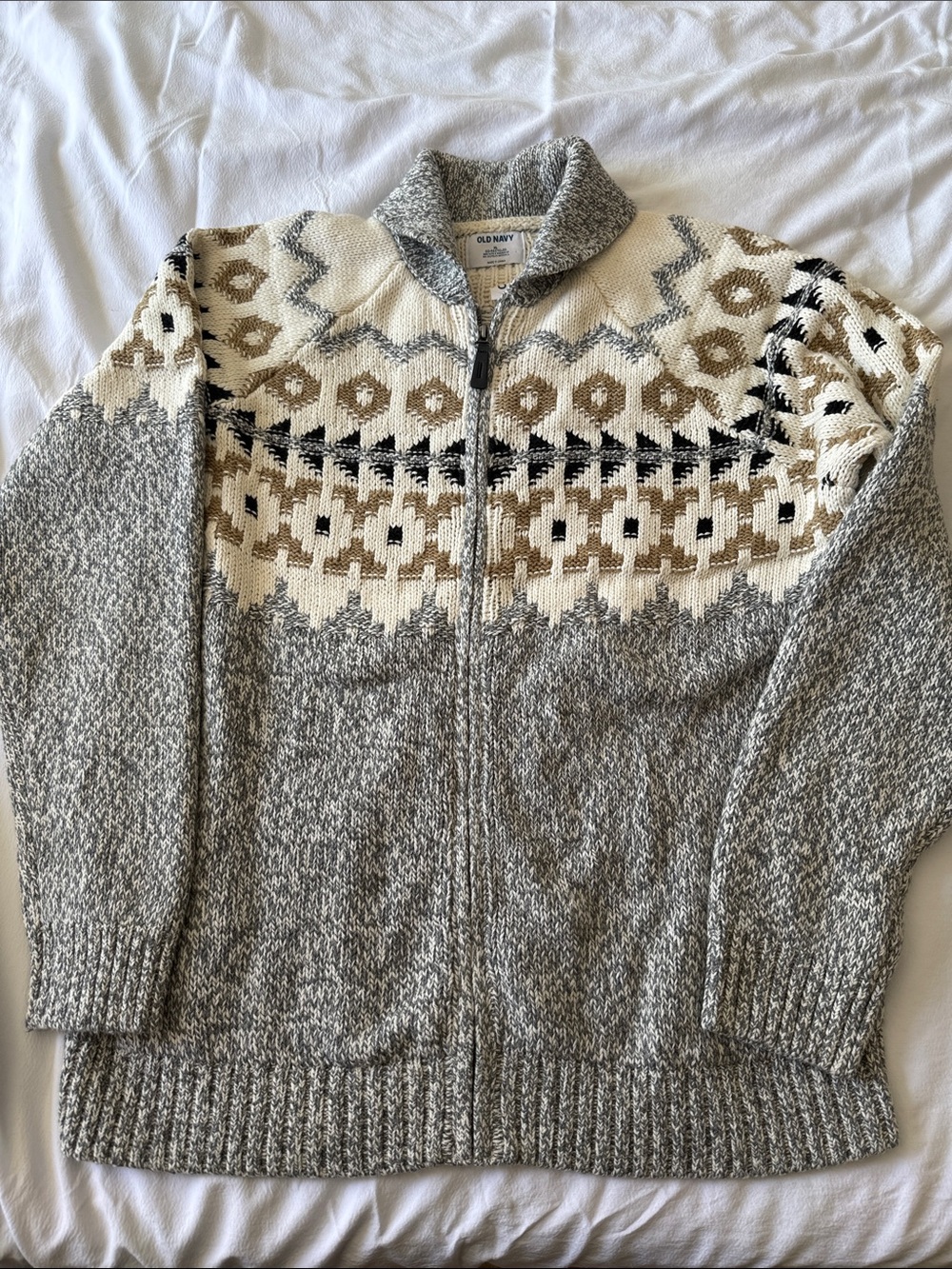 Old Navy Men’s Gray Zip-Up Fair Isle Cardigan with Cream and Tan Accents